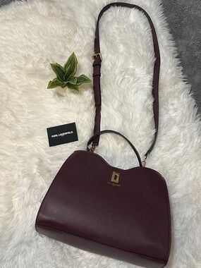 Karl Lagerfeld Top Handle Satchel in Deep Burgundy with Gold Hardware